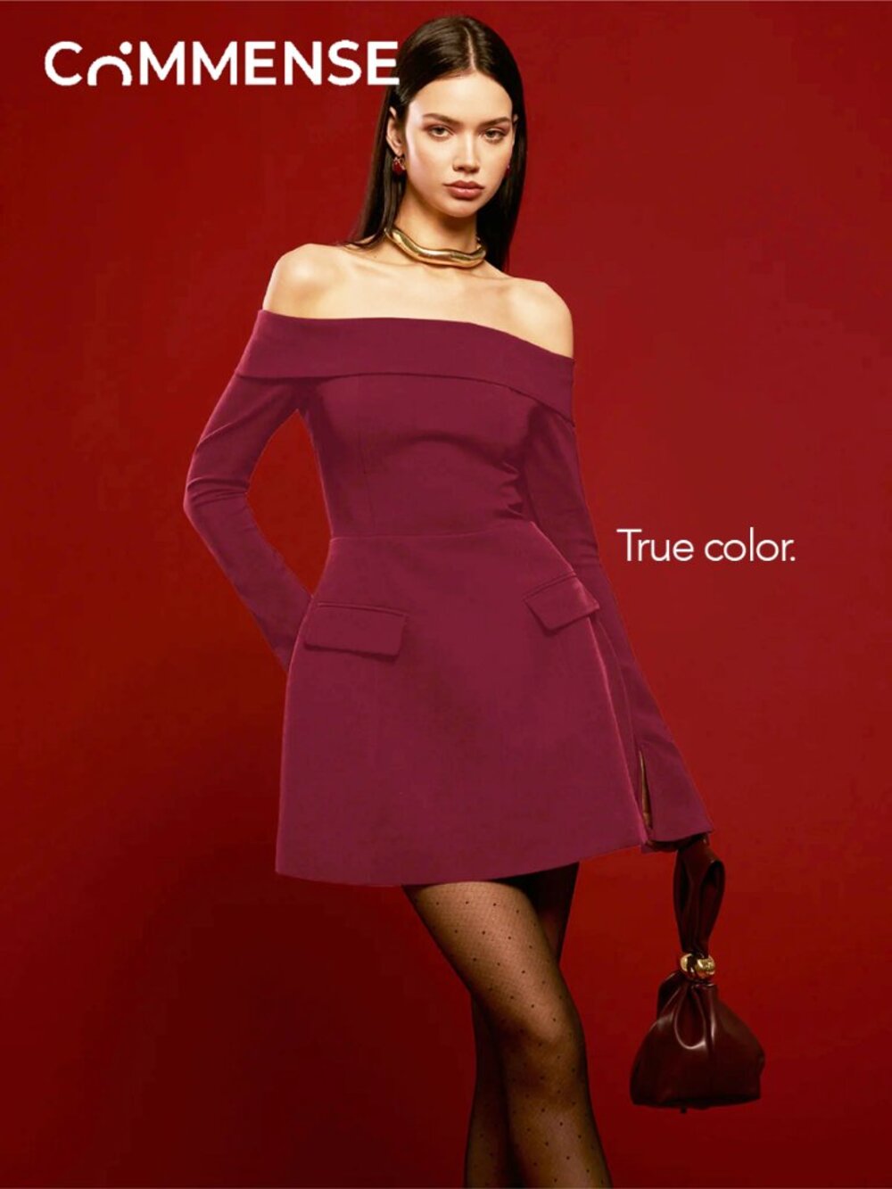 NWT COMMENSE Off-Shoulder Pleated Short Dress, Burgundy, Sz S